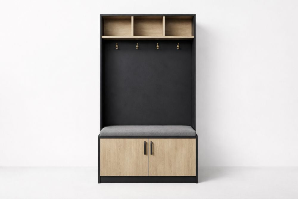MDF Wood Storage Bench with Hooks and Shelves Black/Oak
