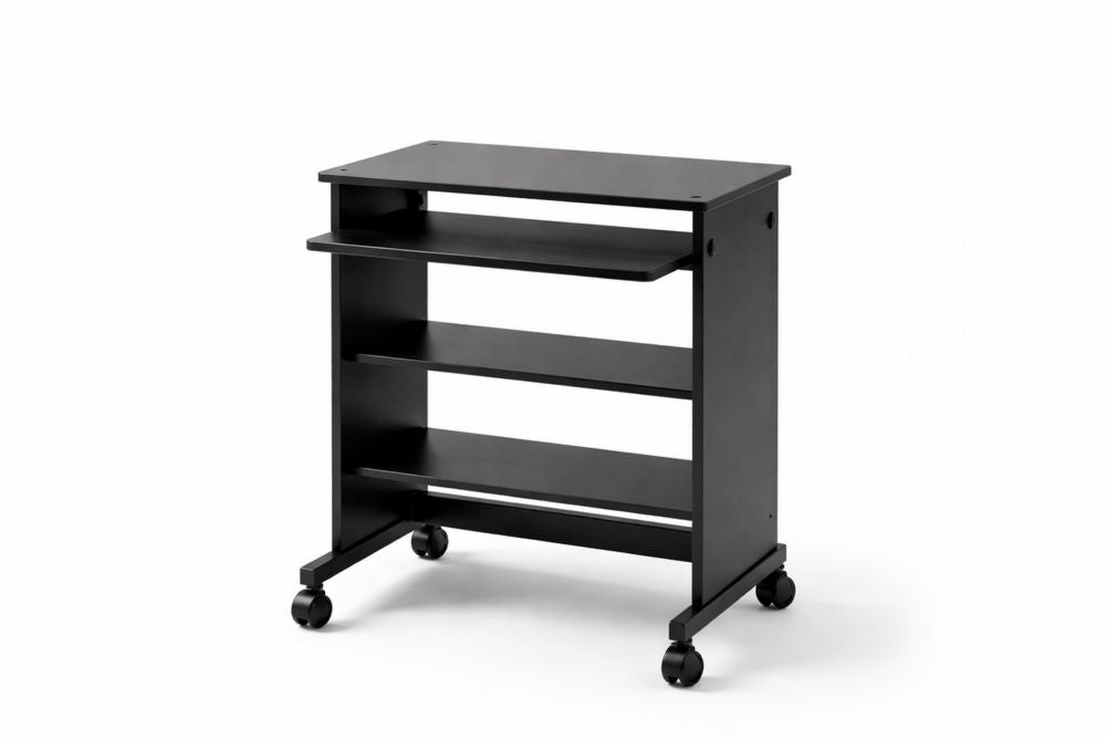 Black MDF Mobile Printer Stand with Casters and Shelving