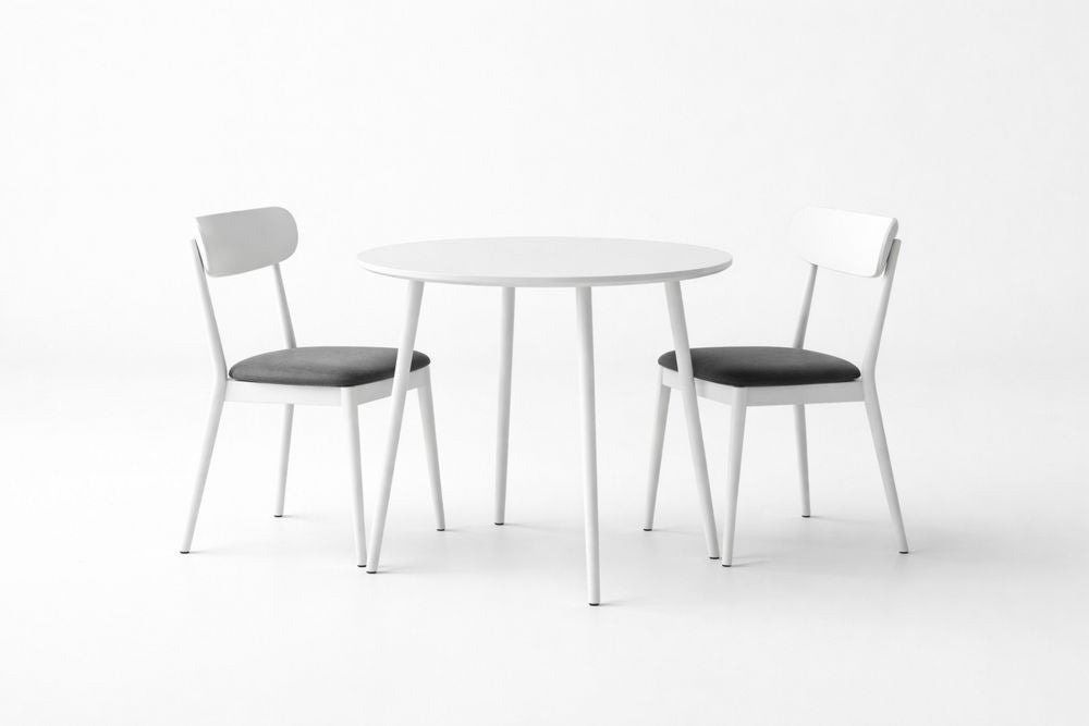 Round White Solid Wood Dining Table Set with Two Grey Cushioned Chairs