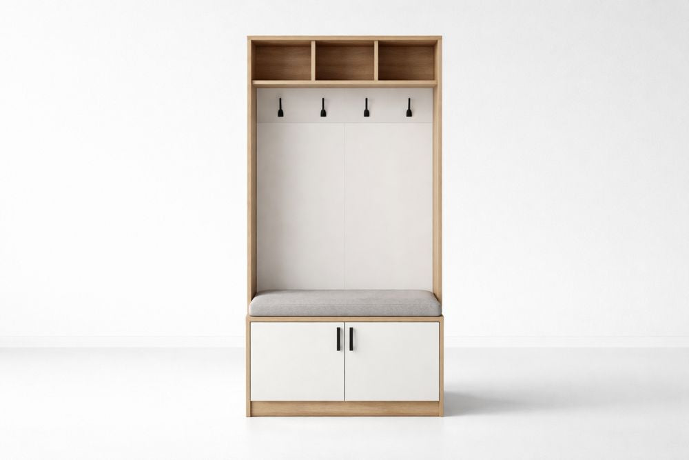 Bench with Storage and Hooks MDF and Grey Polyester Upholstered Seat Height 200cm x Width 100cm x Depth 40 cm