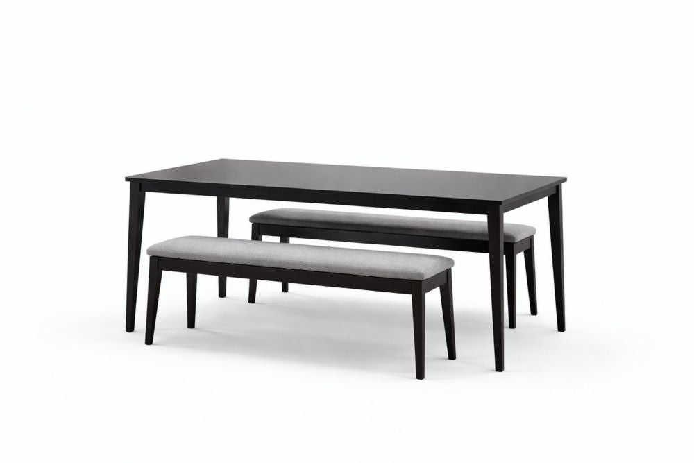 Dining Table Set with Two Benches Solid Wood Fabric Length 152 cm x Width 90 cm x Height 76 cm Black/Grey