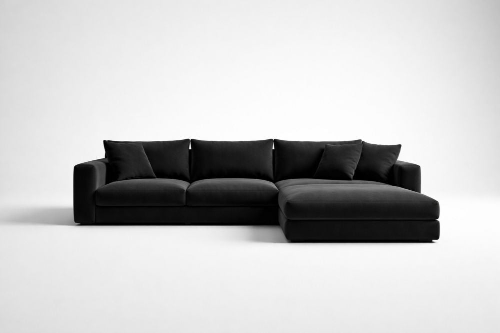 Black Fabric Upholstered L-Shaped Sectional Sofa with Cushions