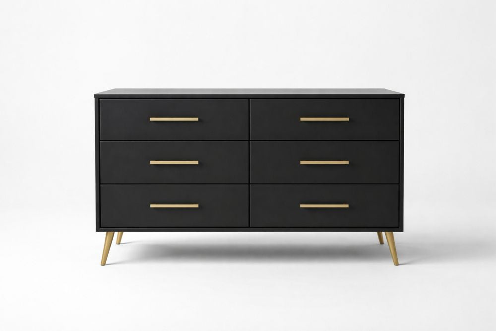 Black MDF Dresser with Iron Handles and Legs, 6 Drawers