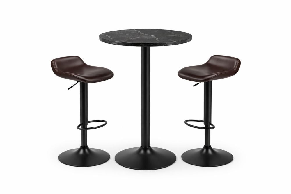 Round Marble Top Bar Table Set with PU Leather Stools Brown/Black